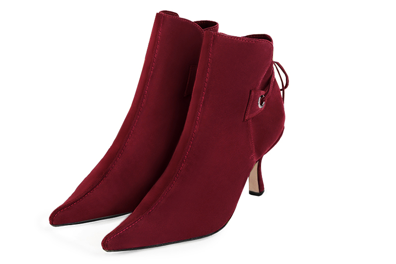 Burgundy red women's ankle boots with laces at the back. Pointed toe. High slim heel. Front view - Florence KOOIJMAN